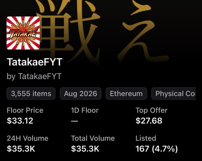 An NFT collection page for 'TatakaeFYT' by TatakaeFYT on Ethereum, showing 3,555 items with a floor price of $33.12, 24H volume of $35.3K, and 167 listed (4.7%).