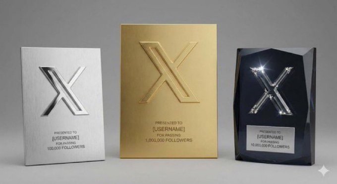 Three X (formerly Twitter) achievement plaques in silver, gold, and crystal tiers awarded for passing 100,000, 1,000,000, and 10,000,000 followers.
