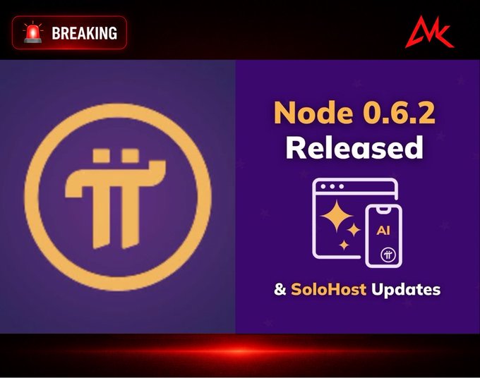 A promotional graphic with a 'BREAKING' banner announcing 'Node 0.6.2 Released & SoloHost Updates' featuring the Pi Network logo.
