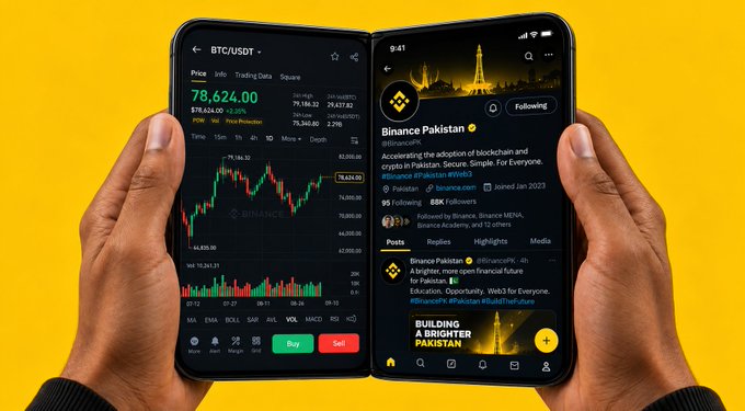 Two hands hold smartphones displaying crypto trading charts showing "BTC/USDT" at 78,624.00 with Binance branding, alongside a Binance Pakistan social media profile (@BinancePk) featuring posts about blockchain adoption in Pakistan. The image cleverly illustrates the Urdu caption's meaning of "My priorities are set, side by side," showing a person simultaneously monitoring Bitcoin prices and Binance Pakistan's updates, representing how crypto trading and community engagement coexist as top priorities.