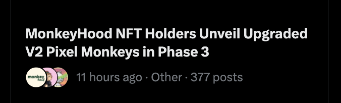 A news headline reads "MonkeyHood NFT Holders Unveil Upgraded V2 Pixel Monkeys in Phase 3", posted 11 hours ago in the "Other" category.