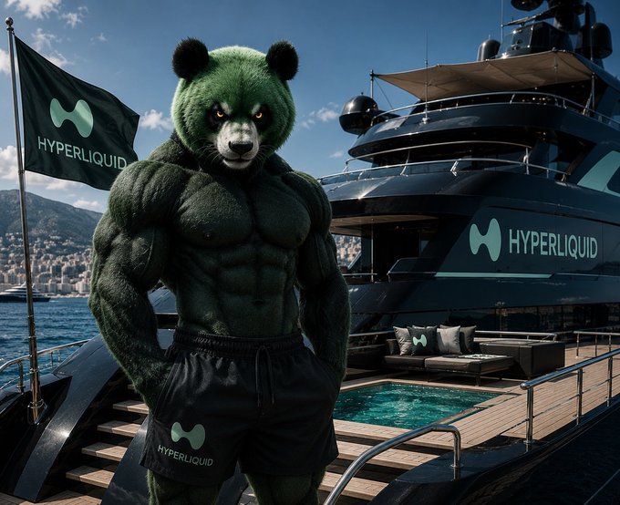 A digitally created image of a muscular anthropomorphic green bear wearing black 'HYPERLIQUID' branded shorts, standing on a luxury yacht deck with a 'HYPERLIQUID' flag flying nearby.