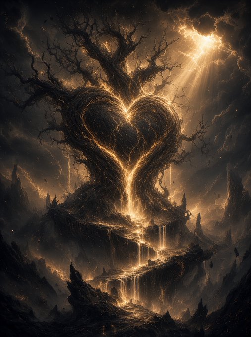 Fantasy illustration of a massive dark tree whose branches form a glowing heart-shaped opening, with golden light streaming down through clouds and waterfalls.