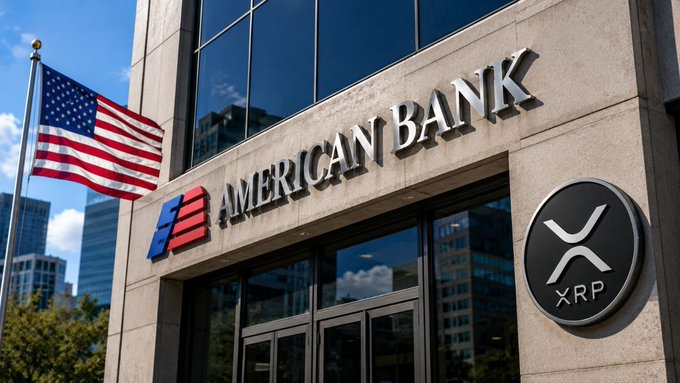 The image shows a large American Bank building with an American flag flying above its entrance. The bank's logo, which includes the letters "A" and "B", can be seen prominently displayed on the front of the building. In addition to this, there is a small circle sign that reads "XRP". This suggests that the bank has recently been given permission by the U.S. government to offer services related to digital assets like Bitcoin and Ripple. The presence of these services indicates that the bank is actively participating in the growing trend of institutional adoption of cryptocurrencies for financial transactions, which could potentially lead to a significant shift in the banking industry's landscape.