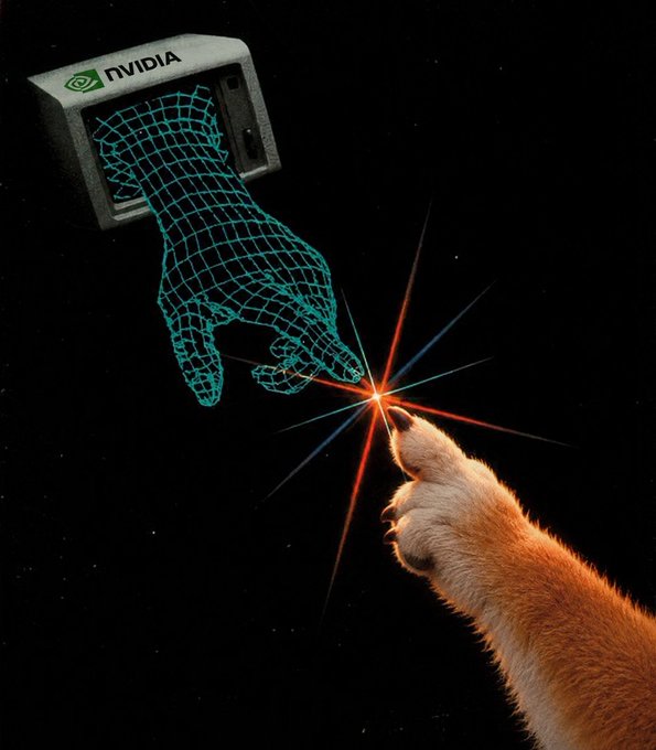 A digital wireframe hand emerging from an NVIDIA device reaches out to touch a real cat's paw, sparking a glowing connection that symbolizes the fusion of artificial intelligence and animal-like intuition tied to the $NVDA ticker. The image visually represents how $AI and $NVDA are converging—technology and instinct meeting at a single point of light.