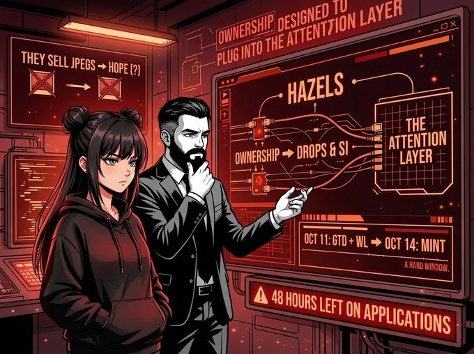 A stylized red-toned digital illustration showing an anime-style woman beside a bearded man in a suit pointing at a screen that reads 'OWNERSHIP DESIGNED TO PLUG INTO THE ATTENTION LAYER', 'HAZELS', and '48 HOURS LEFT ON APPLICATIONS'.