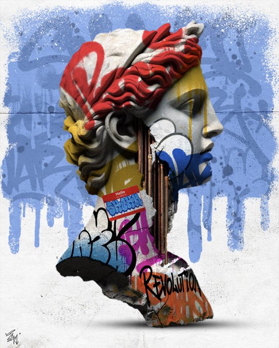 A street art-style digital illustration of a classical sculpture bust covered in graffiti, featuring a red head wrap, blue paint drips, and the word 'Revolution' in orange at the base.