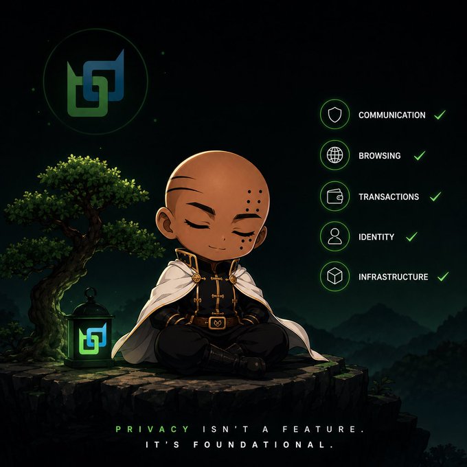 Promotional graphic for a privacy-focused crypto project featuring a chibi monk meditating under a tree, with the tagline 'PRIVACY ISN'T A FEATURE. IT'S FOUNDATIONAL.' and checkmarks next to Communication, Browsing, Transactions, Identity, and Infrastructure.