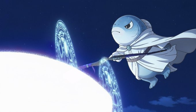 The focus of the image is a cartoon fish with a white cape flying through space while holding a sword. The background features a blue sky, which complements the color scheme of the fish's outfit. The caption below the image reads "Focus on what is in the image and how it relates to the post".