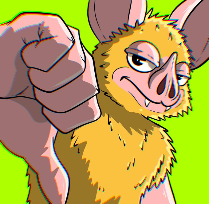Cartoon illustration of an anthropomorphic bat or mouse character with a smug expression, raising a clenched fist against a bright green background.