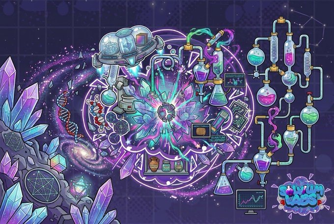 A vibrant, stylized digital illustration showing a crystalline structure connected to laboratory equipment, including beakers filled with colorful liquids, with the logo 'LIQUID LABS' in the corner.