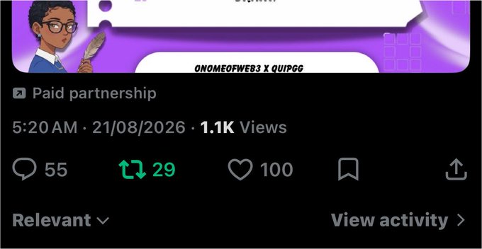 A screenshot of a X (formerly Twitter) post displaying "1.1K Views," "55" replies, "29" reposts, and "100" likes, with the usernames "ONOMEOFWEB3 X QUIPGG" visible. The image complements the post by showcasing strong engagement metrics that reflect the supportive community era the author describes.