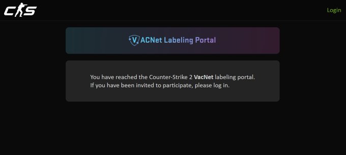 The image shows the Counter-Strike 2 VACNet Labeling Portal login page, featuring a CS logo and a message stating users must be invited to participate. This relates to the post's request for invites to the VACNet Overwatch program, as the portal is the entry point for those invited to help review and label cases.