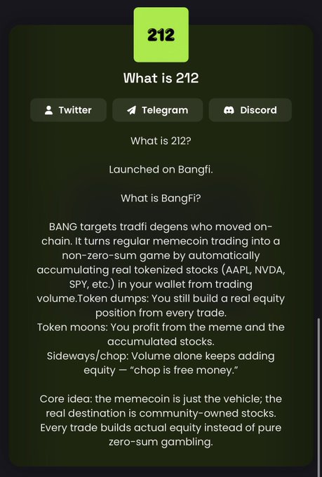 An informational page titled 'What is 212?' explaining that BANG (launched on BangFi) is a memecoin trading platform that automatically accumulates real tokenized stocks (AAPL, NVDA, SPY) from trading volume, turning memecoin trading into community-owned equity building.