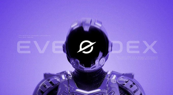 A purple-themed promotional graphic for 'EVEDEX' featuring an astronaut in a futuristic helmet with a logo on the visor, including text about a DEX for RWAs.