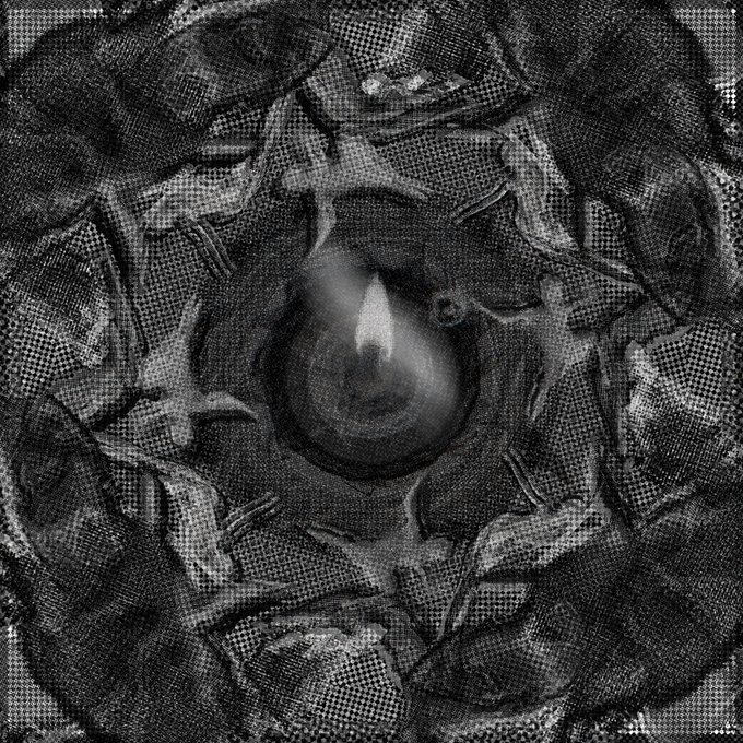 A grayscale, textured digital artwork depicts a central orb surrounded by draped, crumpled fabric-like forms rendered in a halftone or stippled pattern.