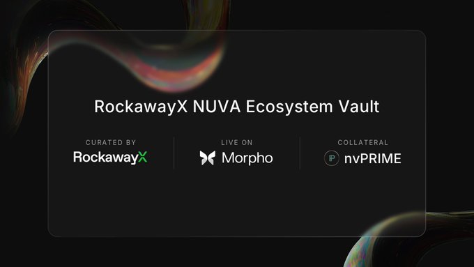 A sleek dark-themed graphic announces the "RockawayX NUVA Ecosystem Vault," highlighting three key partnerships with labels "CURATED BY RockawayX," "LIVE ON Morpho," and "COLLATERAL nvPRIME," visually summarizing the vault's structure mentioned in the announcement about USDC deposits and lending.