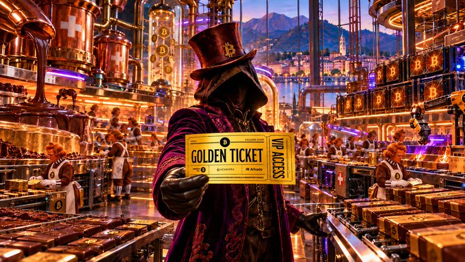 A digitally generated image shows a top-hatted, cloaked figure in a steampunk factory holding a golden 'VIP ACCESS' ticket, with cryptocurrency symbols visible in the background.