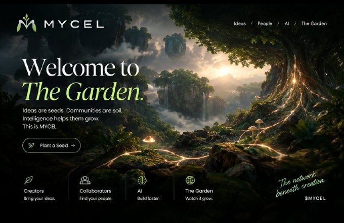 A webpage for MYCEL featuring a lush, mystical fantasy landscape with glowing forest pathways, floating mountains, and waterfalls, headlined "Welcome to The Garden," alongside the brand's tagline "Ideas are seeds. Communities are soil. Intelligence helps them grow. This is MYCEL." and navigation tabs for Creators, Collaborators, AI, and The Garden—visually reinforcing the accompanying post's metaphor that creator ideas "starve" without community, collaboration, and intelligent infrastructure, positioning MYCEL as the living network where ideas can take root and bloom rather than wither.