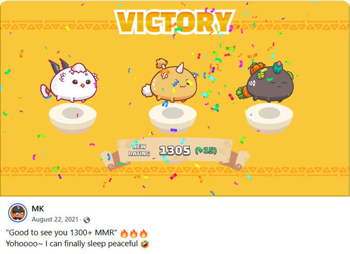 A 'VICTORY' screen from a video game showing three cartoon creatures with a new MMR rating of '1305 (+15)'; a social media comment by 'MK' reads 'Good to see you 1300+ MMR... I can finally sleep peaceful'.