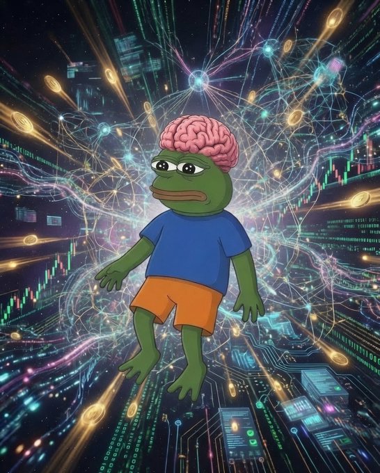 A sad-looking Pepe with an exposed pink brain stands amid a chaotic backdrop of glowing neural networks, code, and cryptocurrency candlestick charts, visually echoing the post's message that even "genius pepe" can't track every transaction—which is why blockchain transparency is essential.
