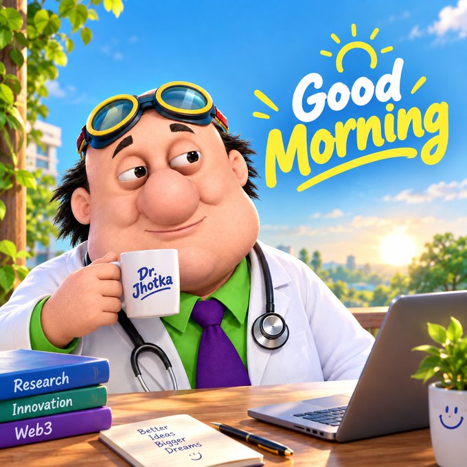 An animated character of a doctor holding a mug that says 'Dr. Jhotka' smiles in front of a 'Good Morning' graphic, with books labeled 'Research', 'Innovation', and 'Web3' on the desk.