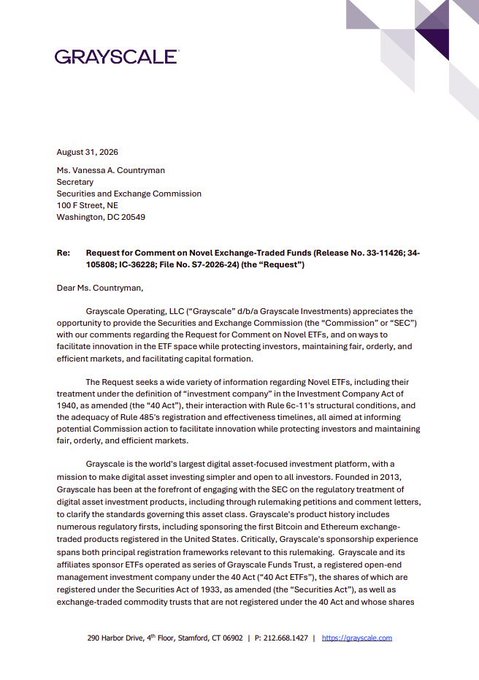 A letter from Grayscale to Vanessa A. Countryman, Secretary of the Securities and Exchange Commission, regarding a Request for Comment on a Novel Exchange-Traded Funds rulemaking.