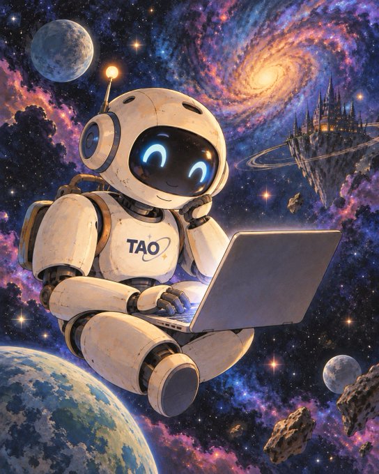 A cute white robot named "TAO" floats in a vibrant cosmic scene, working on a laptop with a friendly smile on its glowing blue digital face, surrounded by swirling galaxies, planets, moons, asteroids, and a floating sci-fi castle—visually representing the post's enthusiasm for $TAO as the "best AI project," with the robot's competent, cutting-edge persona mirroring the claim that its performance is backed by Bittensor's ($TAO) proof of value.