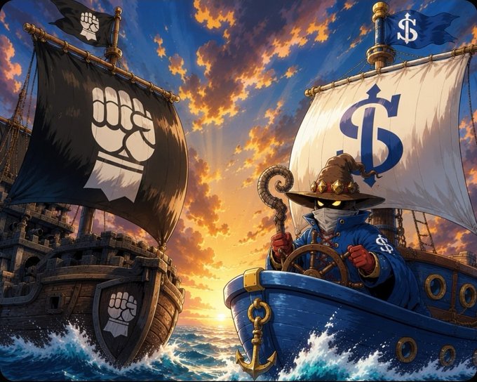 A pirate ship featuring a black sail with a fist emblem racing against another ship with a white sail displaying a dollar sign symbol.