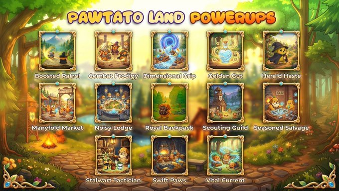 A menu screen titled 'PAWTATO LAND POWERUPS' displaying 13 different illustrated upgrade cards in a cartoon forest setting.