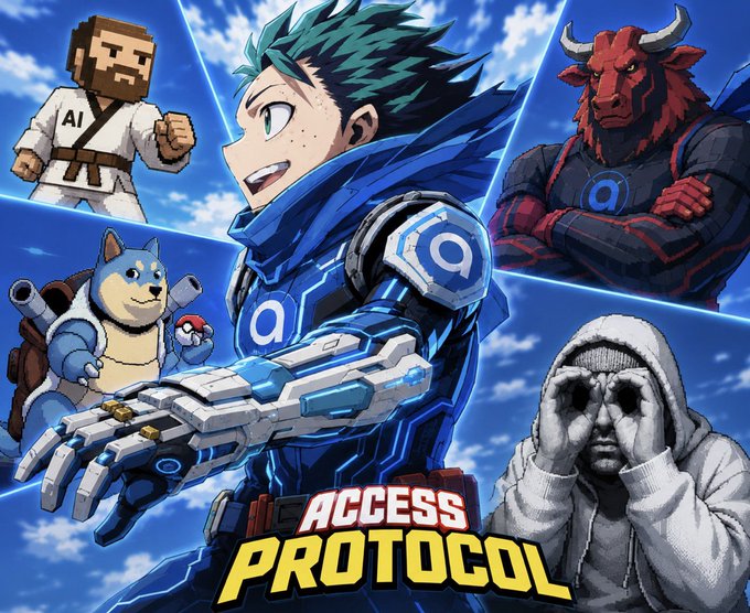The image is promotional artwork for "ACCESS PROTOCOL," featuring a central anime-style protagonist with teal hair and futuristic armor alongside a Minecraft character, a red bull-headed figure, a Shiba Inu, and a hooded figure—all branded with the "a" logo. It celebrates winners of the "Come Back to Access" event, aligning with the post's congratulatory message to the four featured Access Hub participants.