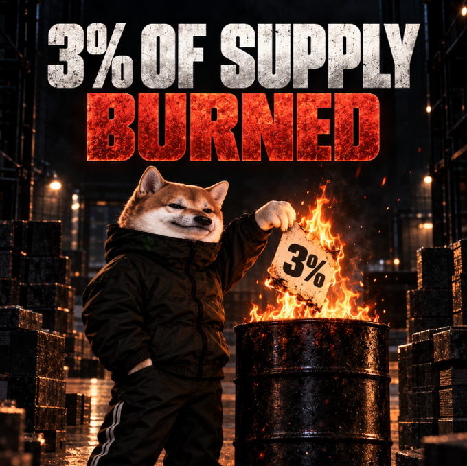 A graphic showing a Shiba Inu dog in a tracksuit dropping a paper reading '3%' into a burning barrel, below text stating '3% OF SUPPLY BURNED'.