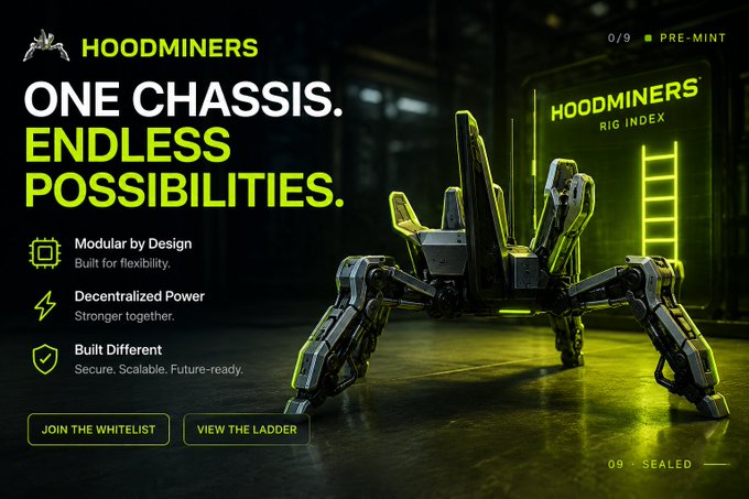 A promotional graphic for 'HOODMINERS' with the headline 'ONE CHASSIS. ENDLESS POSSIBILITIES.' featuring a futuristic spider-like mech in yellow and gray.