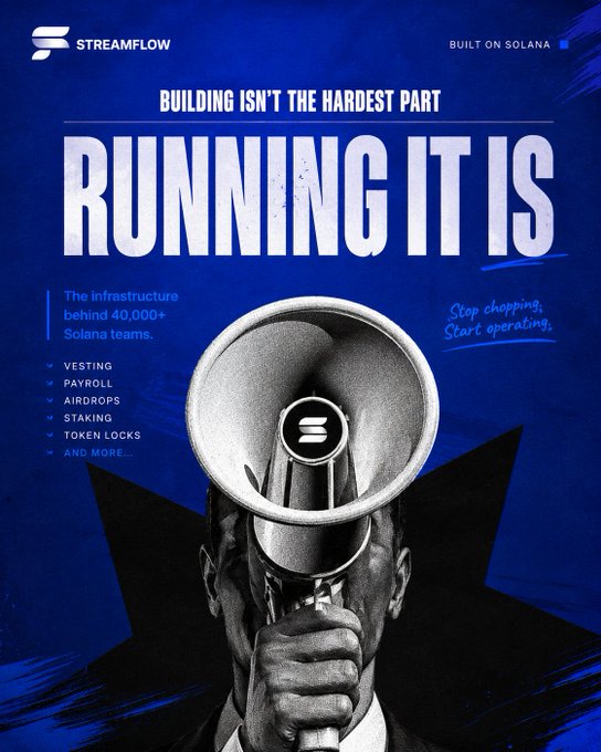 A promotional poster for Streamflow, 'Built on Solana,' featuring a man shouting into a megaphone with the headline 'BUILDING ISN'T THE HARDEST PART, RUNNING IT IS,' highlighting services for 40,000+ Solana teams including vesting, payroll, airdrops, staking, and token locks.
