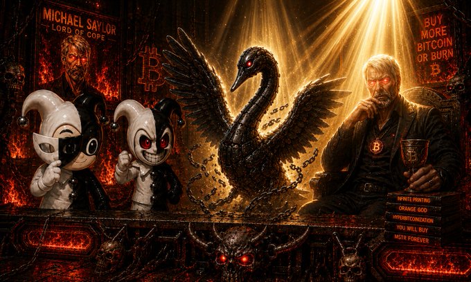 A dark, fiery digital artwork referencing Michael Saylor ('Lord of Cope') featuring a Bitcoin symbol, jester figurines, a swan with chains, and text reading 'BUY MORE BITCOIN OR BURN' alongside slogans like 'INFINITE PRINTING' and 'YOU WILL BUY MSTR FOREVER'.