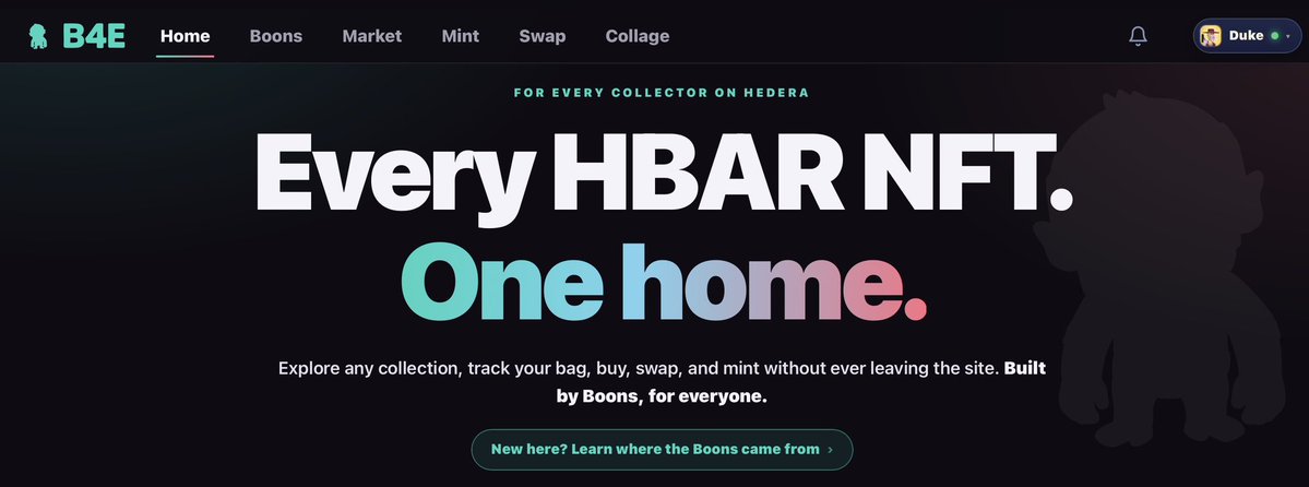 A website homepage for 'B4E' featuring the headline 'Every HBAR NFT. One home.' aimed at collectors on Hedera, with a navigation bar including Home, Boons, Market, Mint, Swap, and Collage.