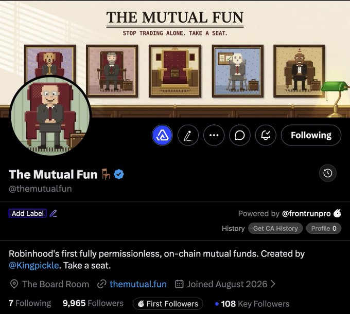 A Twitter/X profile page for 'The Mutual Fun' (@themutualfun) with pixel art avatars, described as 'Robinhood's first fully permissionless, on-chain mutual funds.'