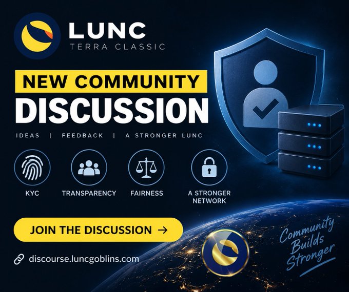 A promotional graphic for "LUNC TERRA CLASSIC" announces a new community discussion forum focused on KYC, transparency, fairness, and network strength, with a link to discourse.luncgoblins.com.