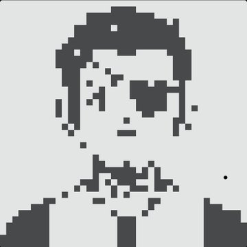A heavily pixelated, grayscale portrait of a person's head and shoulders appears glitched and fragmented.