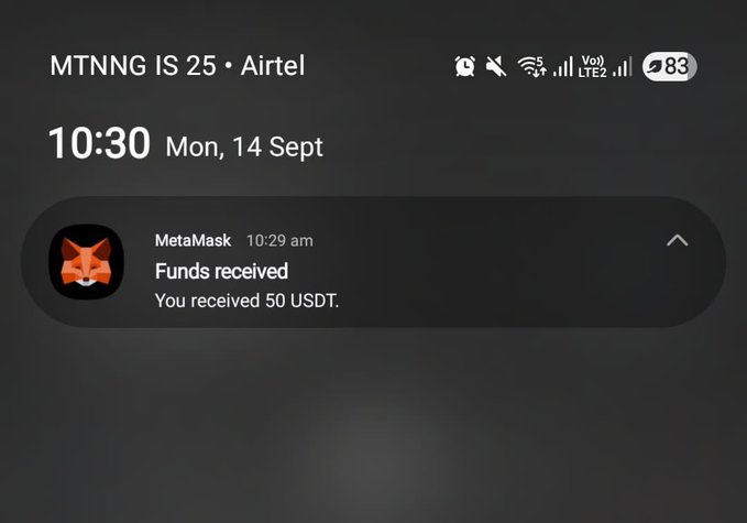 A smartphone notification screen shows a MetaMask alert 'Funds received: You received 50 USDT' at 10:29 am on Monday, 14 September, with 83% battery.