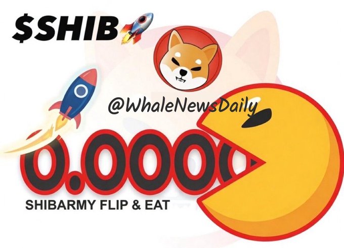 The image features a vibrant Shiba Inu-themed graphic with "$SHIB" and a large "0.0000" displayed in bold red and black text, alongside the handle "@WhaleNewsDaily" and the tagline "SHIBARMY FLIP & EAT," accompanied by cartoon rockets and a Pac-Man-style Shiba character. The artwork visually reinforces the post's bullish speculation, with the rockets symbolizing Shiba Inu's potential price surge toward $1 if BlackRock and Fidelity file for a SHIB ETF.