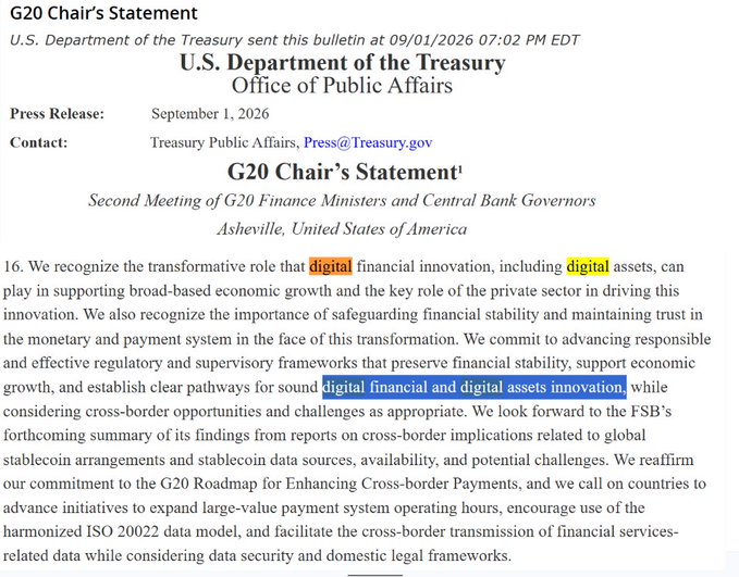 A September 1, 2026 U.S. Department of the Treasury press release displaying Paragraph 16 of the G20 Chair's Statement from the Second Meeting of G20 Finance Ministers and Central Bank Governors in Asheville, which emphasizes the recognition of digital financial innovation and digital assets in supporting broad-based economic growth, while committing to advancing regulatory frameworks, stablecoin work, and cross-border payment initiatives via the FSB and G20 Roadmap.