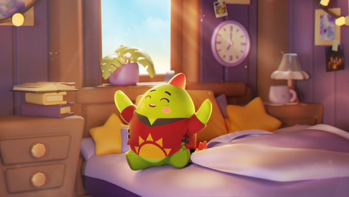 The image features a cartoon character, likely a green frog or monster, sitting on top of a bed with its arms raised up in the air. The character appears to be happy and relaxed, possibly enjoying some downtime. In the background, there is a clock that reads "3:00", indicating it's almost time for the character to go to sleep. A cup can also be seen near the edge of the image.