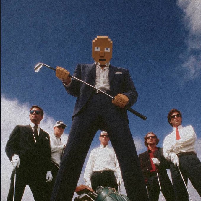 A low-angle shot captures a giant figure with a blocky, pixelated Minecraft-style head wearing a navy blue suit and holding a golf club, towering over a group of five men in formal golf attire (suits, ties, sunglasses, and white gloves) who stand below with their own clubs against a bright blue sky with clouds, perfectly illustrating the post's "Keep it in the fairway" golf-themed productivity message.