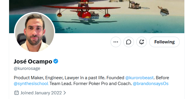 The image shows a Twitter/X profile for José Ocampo (@kurorosage), a verified user describing himself as a "Product Maker, Engineer, Lawyer in a past life" who founded @kurorobeast, with the header banner featuring what appears to be an in-game scene from Axie Infinity. The post context suggests Ocampo is reacting to gameplay changes in Axie Infinity, referencing "Adrian" (likely a character or build name) and tagging @RareAxies to ask about the current competitive meta, though the profile image itself just shows his personal headshot rather than gameplay content.