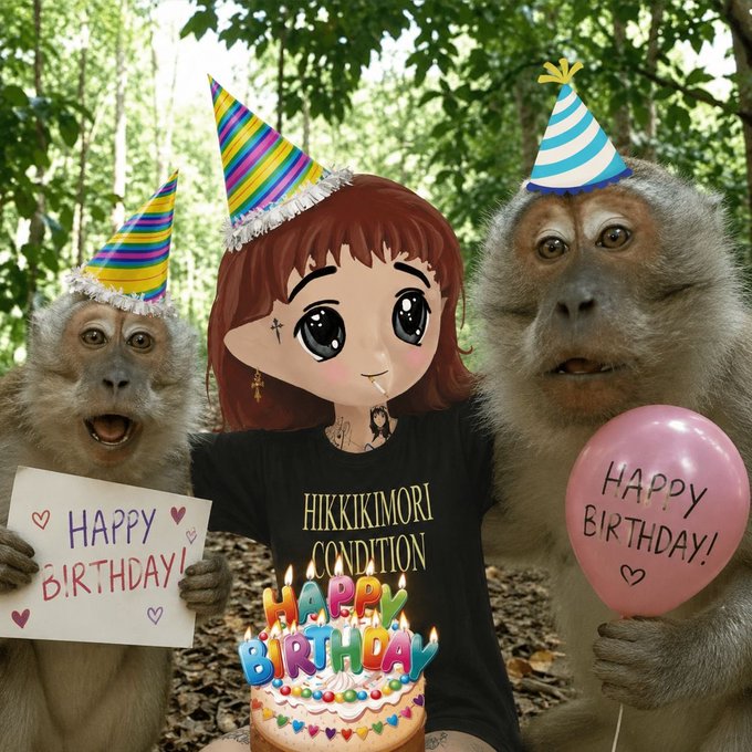 A birthday celebration scene features an anime-style character with red hair wearing a black 'HIKKIKOMORI CONDITION' shirt, flanked by two monkeys in party hats, with a 'HAPPY BIRTHDAY!' cake and balloons in a forest setting.