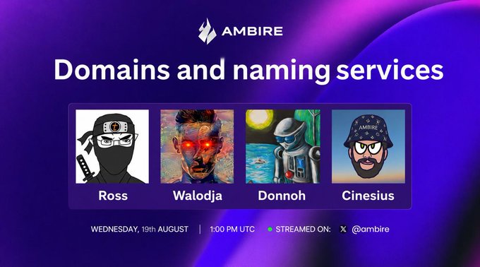 A sleek purple promotional graphic for Ambire announces a "Domains and naming services" Twitter Space on Wednesday, 19th August at 1:00 PM UTC, featuring speakers Ross, Walodja, Donnoh, and Cinesius. The image visually supports the discussion of multiple domain systems on Ethereum, with each speaker represented by a distinct avatar.