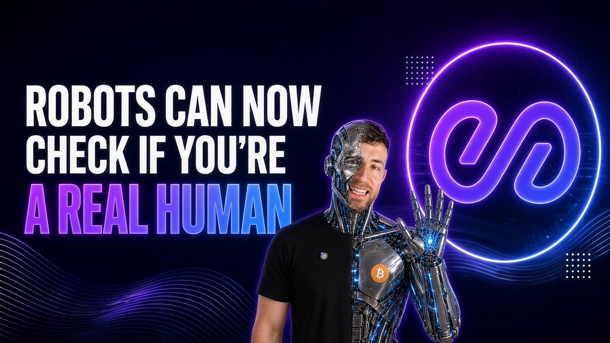 A YouTube thumbnail or promotional graphic features a man with a cyborg/robotic body on the right side, with bold text on the left reading 'ROBOTS CAN NOW CHECK IF YOU'RE A REAL HUMAN' against a dark purple background with a large glowing infinity symbol.