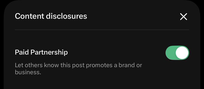 A "Content disclosures" menu is shown with the "Paid Partnership" toggle enabled, indicating the user is marking a post as sponsored. The caption reflects on rarely using this feature, suggesting the user seldom discloses paid brand promotions in their posts.