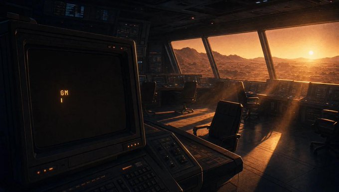 A cinematic scene of an empty retro-futuristic control room with an old CRT monitor displaying 'GM', overlooking a desert landscape at sunset.